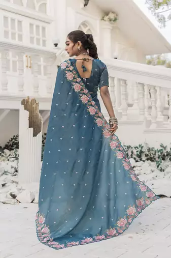 Teal-Blue Color Embroidery Designer Saree