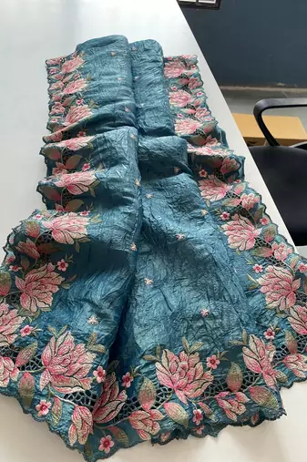 Teal-Blue Color Embroidery Designer Saree