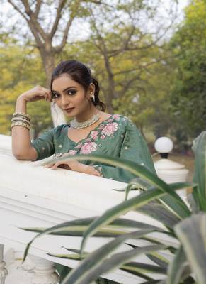 Olive Color Embroidery Designer Saree 1