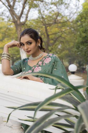 Olive Color Embroidery Designer Saree