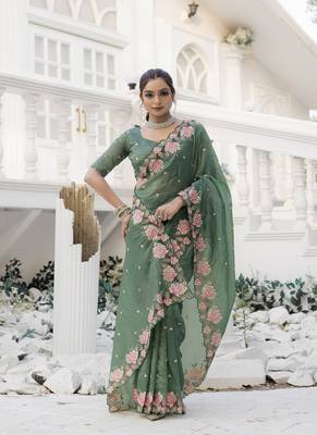 Olive Color Embroidery Designer Saree 2