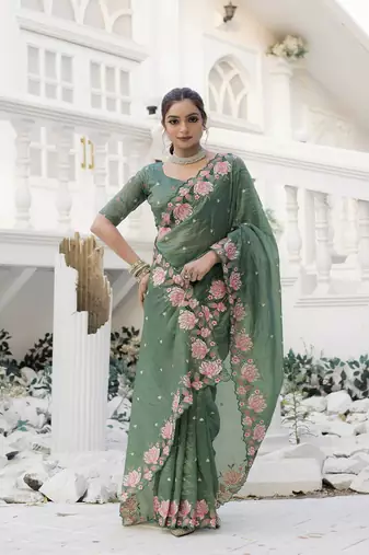 Olive Color Embroidery Designer Saree