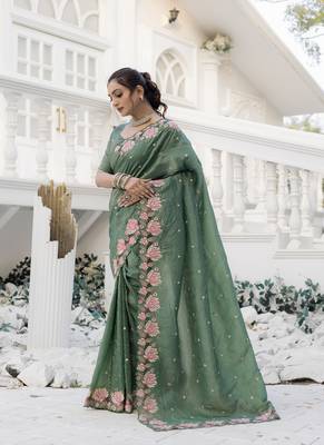 Olive Color Embroidery Designer Saree 3