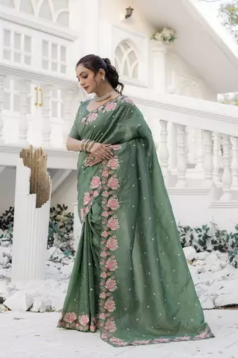 Olive Color Embroidery Designer Saree