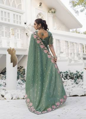 Olive Color Embroidery Designer Saree 4