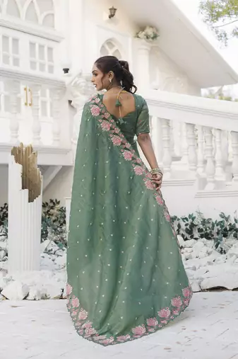 Olive Color Embroidery Designer Saree