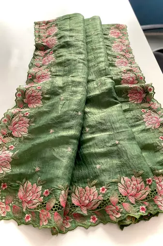 Olive Color Embroidery Designer Saree