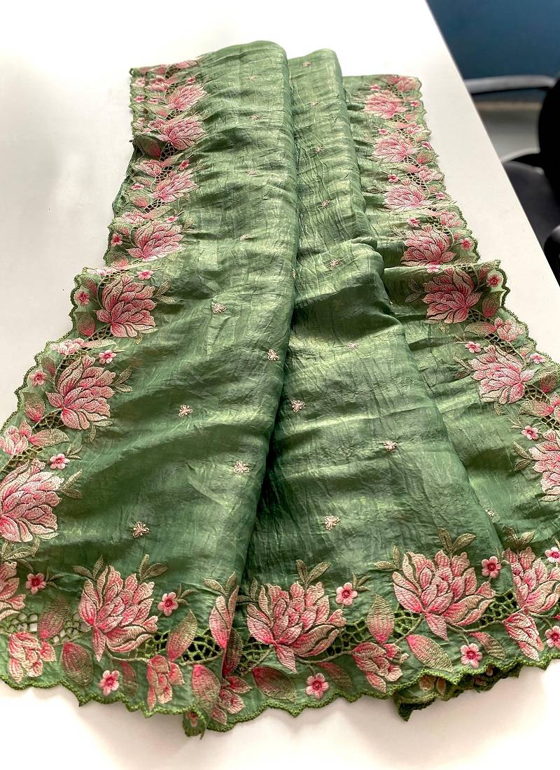 Olive Color Embroidery Designer Saree