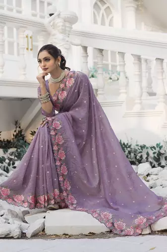Dark-Purple Color Embroidery Designer Saree
