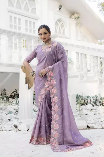 Dark-Purple Color Embroidery Designer Saree