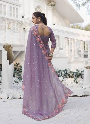 Dark-Purple Color Embroidery Designer Saree 4
