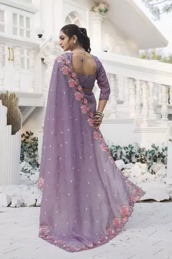 Dark-Purple Color Embroidery Designer Saree