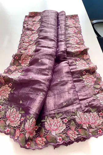 Dark-Purple Color Embroidery Designer Saree