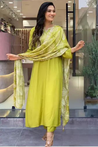 Yellow embroidered viscose fabric straight kurta, pant and dupatta set