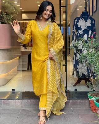 Sunshine Yellow Embroidered Pure Cotton Kurta Pant Dupatta Set 2