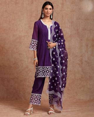 Silk Blend Embroidered Straight Cut Kurta Pant Dupatta Set 1