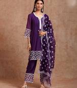 Silk Blend Embroidered Straight Cut Kurta Pant Dupatta Set