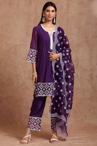 Silk Blend Embroidered Straight Cut Kurta Pant Dupatta Set