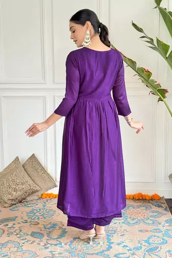 Purple Majesty Embroidered Vichitra Silk Kurta Pant Dupatta Set