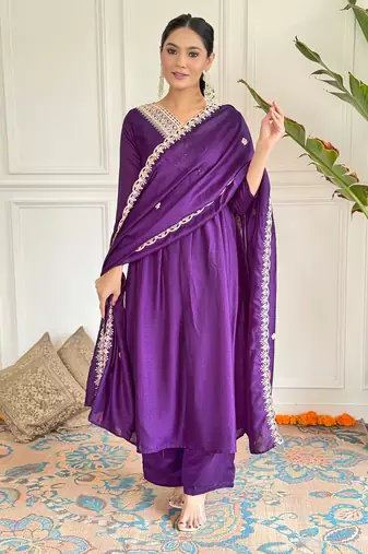 Purple Majesty Embroidered Vichitra Silk Kurta Pant Dupatta Set