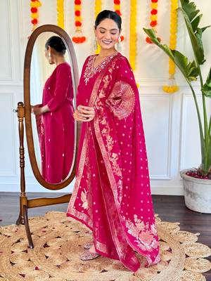 "Radiant Red Embroidered Viscose Chanderi Kurta Pant Dupatta Set 4