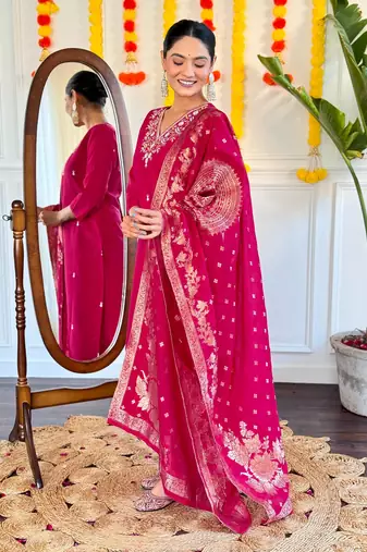 "Radiant Red Embroidered Viscose Chanderi Kurta Pant Dupatta Set