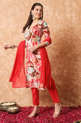 Yellow Embroidered Cotton Kurta Pant Dupatta Set