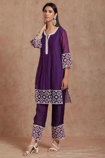 Silk Blend Embroidered Straight Cut Kurta Pant Dupatta Set