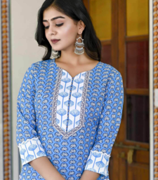 Jaipuri Printed Designer Blue Ethnic A-Line Wedding Wear Kurti With Pant & Dupatta Set | Ethnic Kurti Set