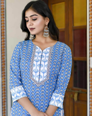 Blue Ethnic A-Line Wedding Wear Kurti With Pant & Dupatta Set 2