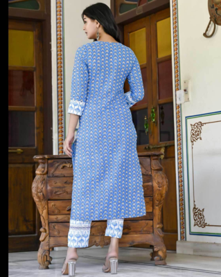 Blue Ethnic A-Line Wedding Wear Kurti With Pant & Dupatta Set 3