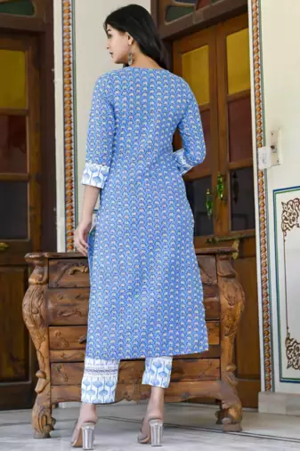 Blue Ethnic A-Line Wedding Wear Kurti With Pant & Dupatta Set