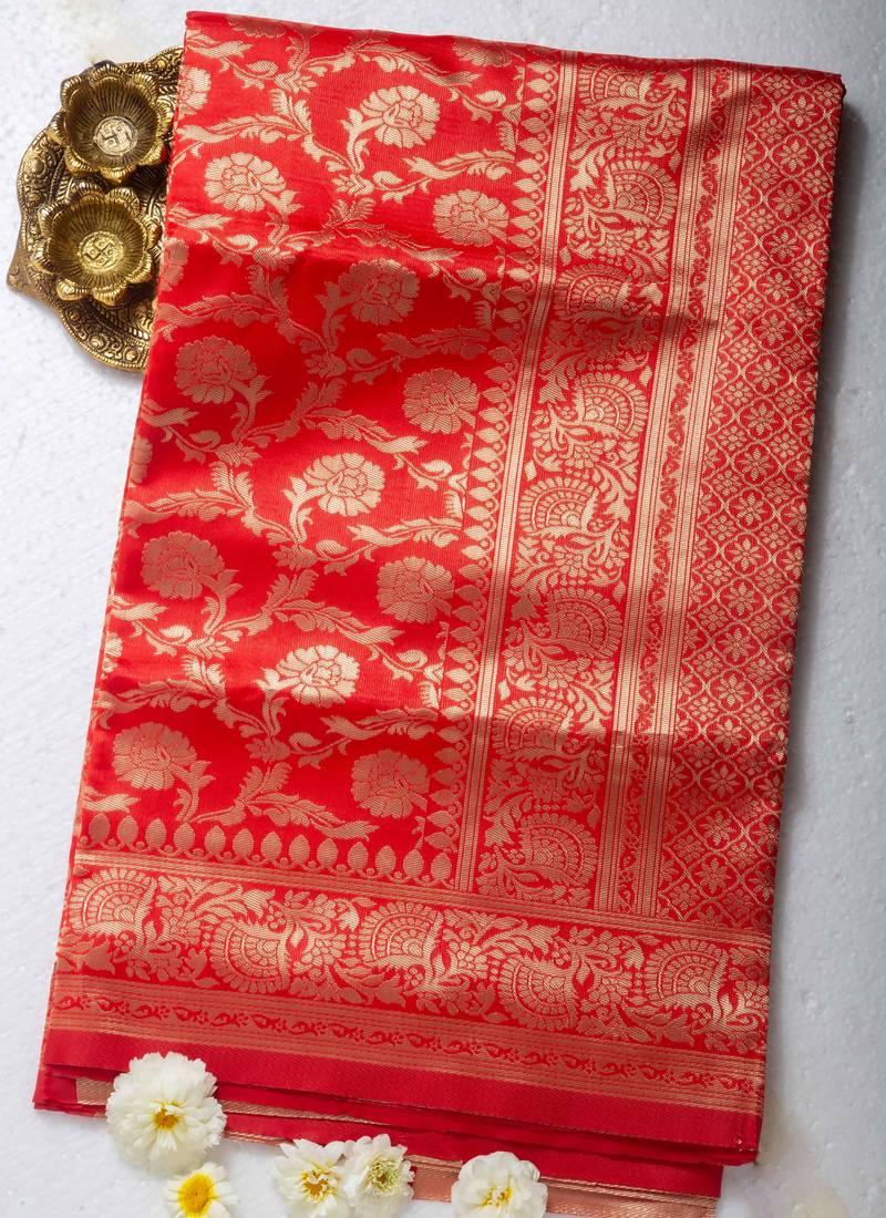 Red Silk Blend Zari Work Woven with Unstitched Blouse