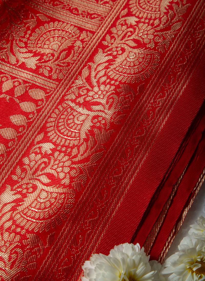 Red Silk Blend Zari Work Woven with Unstitched Blouse