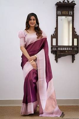 Pink Art Silk Saree with Golden Zari Lines & Matching Blouse 1