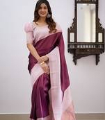 Pink Art Silk Saree with Golden Zari Lines & Matching Blouse