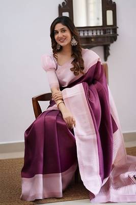 Pink Art Silk Saree with Golden Zari Lines & Matching Blouse 2