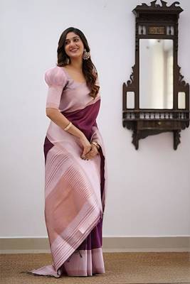Pink Art Silk Saree with Golden Zari Lines & Matching Blouse 3