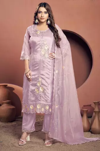 Purple viscose embroidered kurta with pant & dupatta