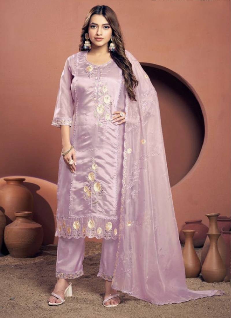 Purple viscose embroidered kurta with pant & dupatta
