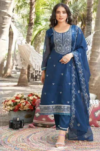 Blue organza embroidered kurta witgh pant & dupatta