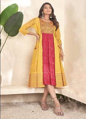 Yellow cotton silk printed gown 1