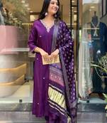 Purple silk embroidered kurta with pant & dupatta