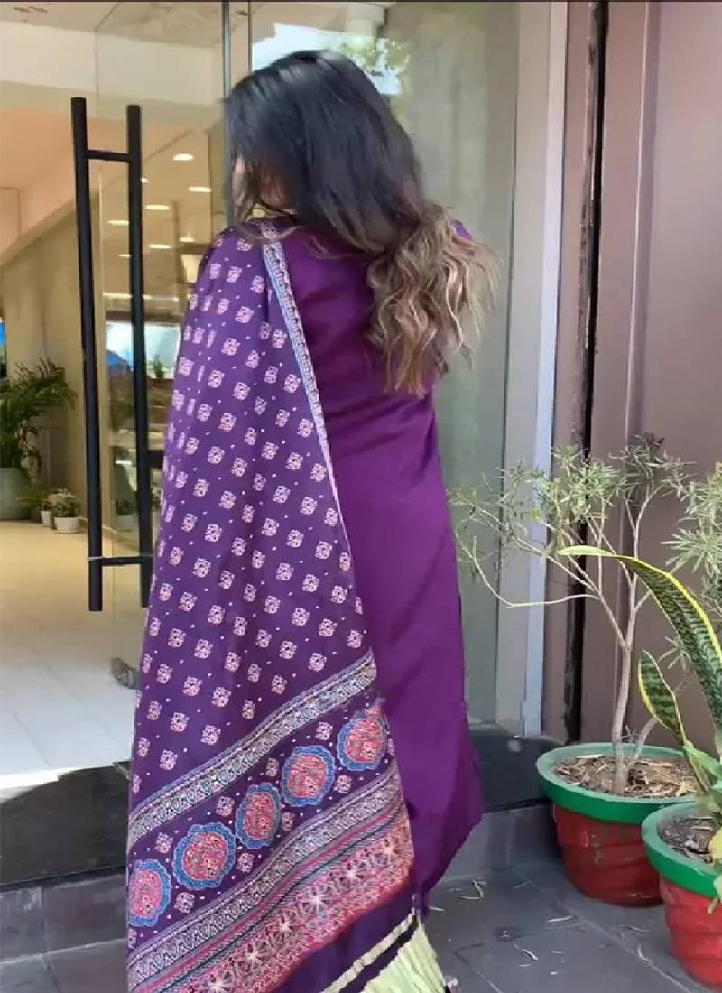 Purple silk embroidered kurta with pant & dupatta