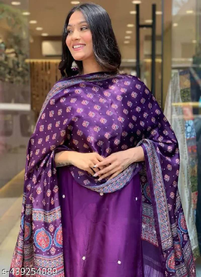 Purple silk embroidered kurta with pant & dupatta