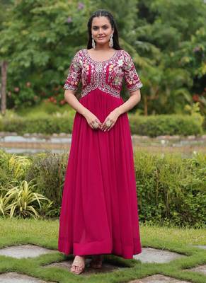 Pink Art Silk Embroidered Stitched Gown 2