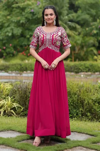 Pink Art Silk Embroidered Stitched Gown