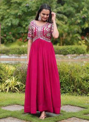 Pink Art Silk Embroidered Stitched Gown 1