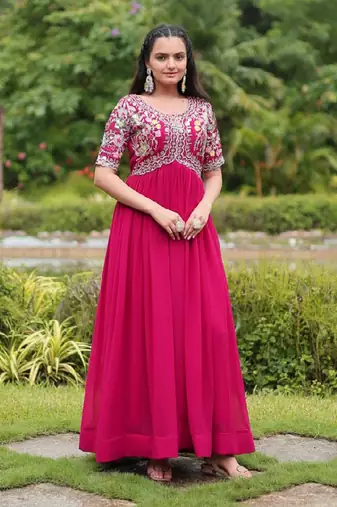 Pink Art Silk Embroidered Stitched Gown