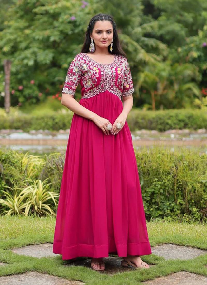 Pink Art Silk Embroidered Stitched Gown